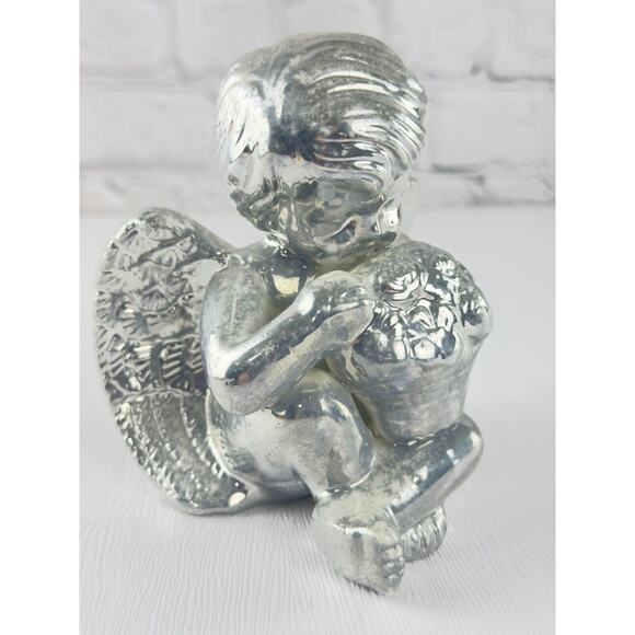 Vintage Silver Angel Figurine Cherub Statue 90s Holiday Decor Guardian Angel - Picture 5 of 16
